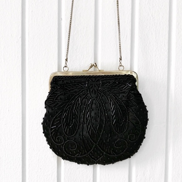 Vintage Handbags - 🌞Vintage 60s Black Beaded Evening Bag Clutch